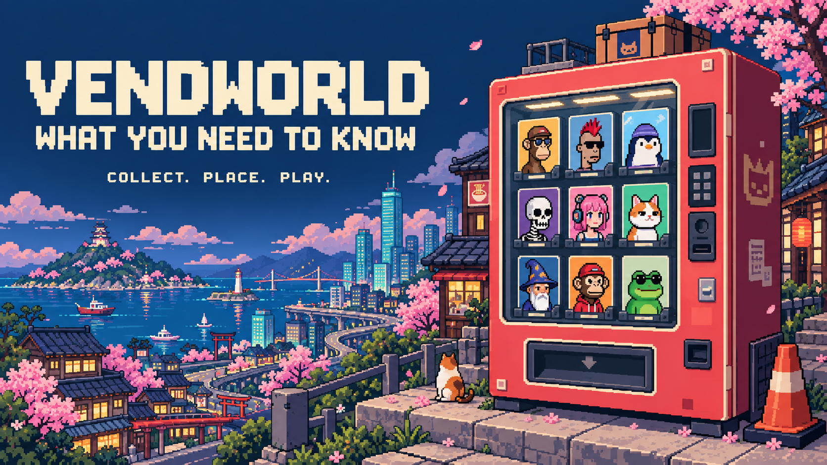 VENDWORLD pixel vending machine overlooking a sakura city and harbor